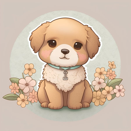 Cute cartoon dog with flowers on vintage background. Vector illustration.の素材