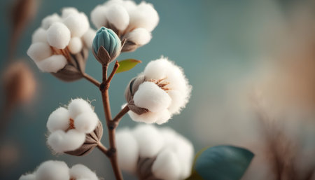 Beautiful cotton flowers on blurred background, closeup. Space for textの素材