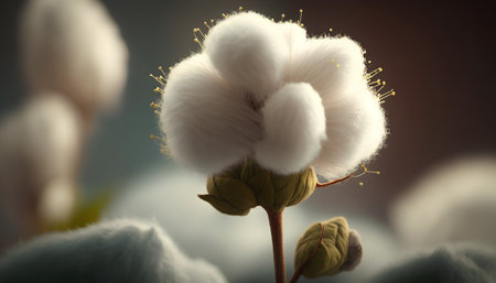 Beautiful fluffy cotton flower on blurred background, closeup. Natural floral backgroundの素材