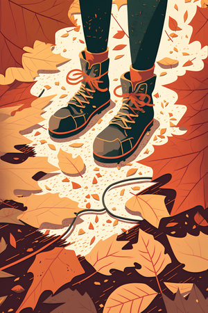 Hiking boots on the background of autumn leaves. Vector illustration.の素材