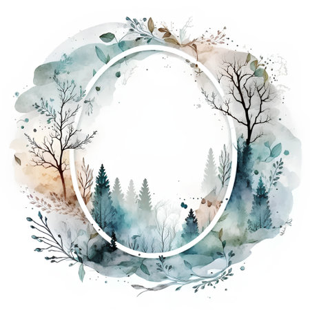 Watercolor forest round frame. Watercolor hand-drawn illustration.の素材