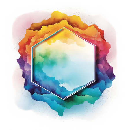 Abstract colorful watercolor background with hexagon frame. Vector illustration.の素材