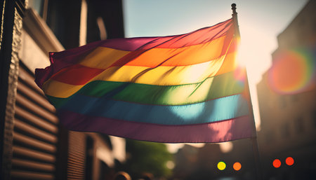 Rainbow flag waving in the wind on the street of the cityの素材