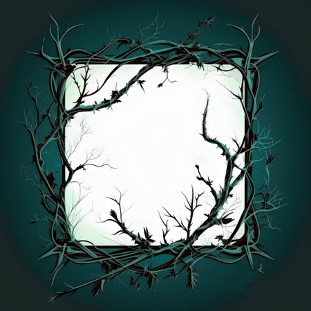 Grunge frame with branches and leaves on a dark green backgroundの素材