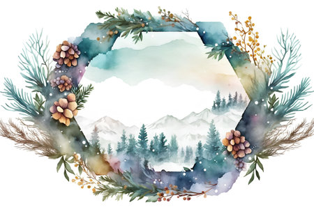 Watercolor winter wreath with fir branches, pine cones and mountains.の素材