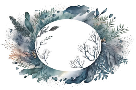 Watercolor forest round frame. Hand painted illustration on white background.の素材