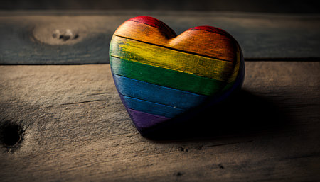Rainbow heart on a wooden background. Valentines day background.の素材