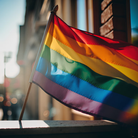 Rainbow flag on a balcony in the city. Selective focus.の素材