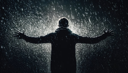 Silhouette of a man standing in the rain on a dark backgroundの素材