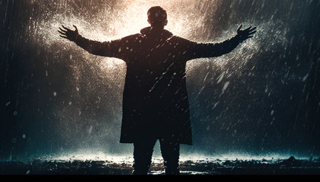 Silhouette of a man in raincoat and raincoat.の素材