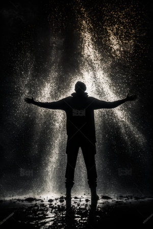 Silhouette of a man in the rain with his arms outstretchedの素材