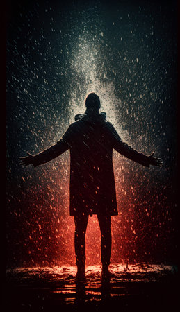 Man in raincoat and hoodie standing under falling snowfall.の素材