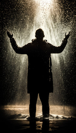 Silhouette of a man in raincoat standing under the rainの素材