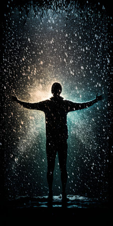 Silhouette of a man in the rain with his hands up.の素材