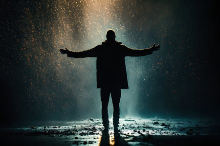 Silhouette of a man in a raincoat standing in the rain.の素材