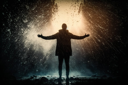 Silhouette of a woman standing in the rain with her arms outstretchedの素材