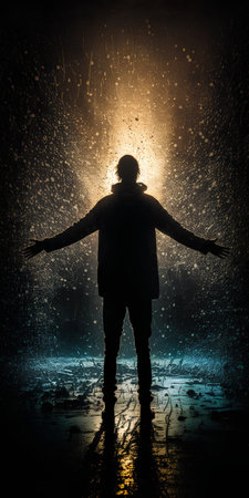 Silhouette of a man standing in the rain with open armsの素材