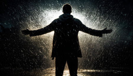 Young man in raincoat with hands outstretched in the rain.の素材