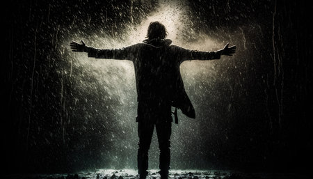 Young man in raincoat with hands outstretched looking at the rainの素材