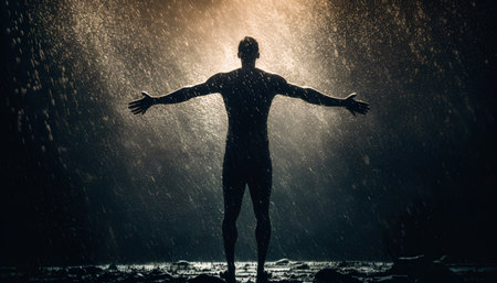 Silhouette of a man standing under the rain. Mixed mediaの素材