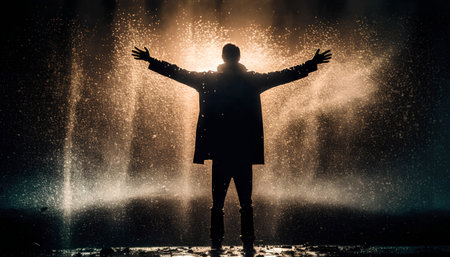 Silhouette of a man in raincoat with hands raised upの素材