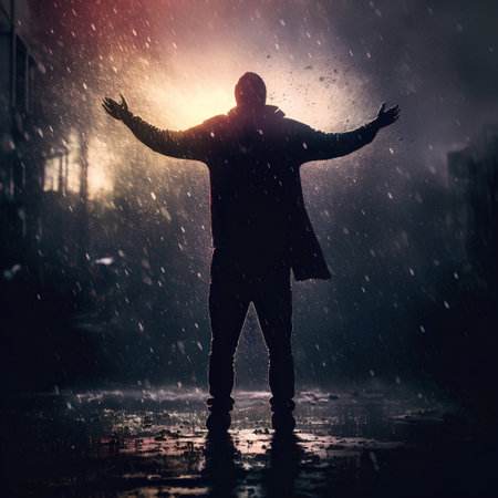 Silhouette of a man standing in the rain with his hands upの素材