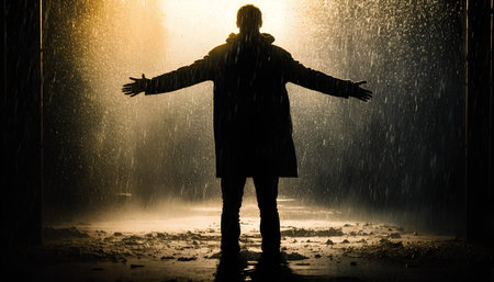 Silhouette of a woman in raincoat standing in the rainの素材