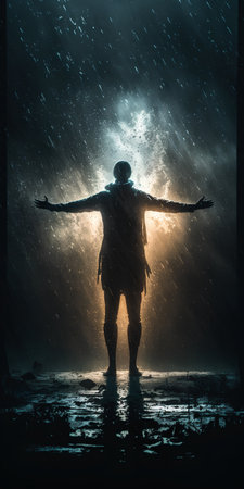Silhouette of a man standing in the rain with open armsの素材