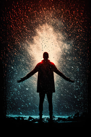 Man in raincoat with hands outstretched in front of night skyの素材