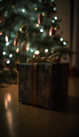 Christmas gift box with gold ribbon under christmas tree. Selective focus.の素材