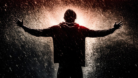 Businessman in rain with arms outstretched in front of dark backgroundの素材