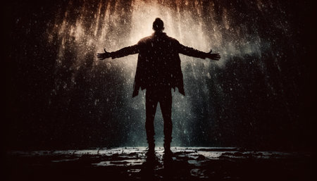 Man in raincoat with hands outstretched looking at the rain.の素材