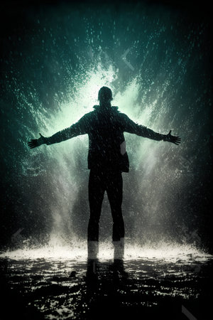 Man in raincoat and hoodie standing under falling water with raised handsの素材