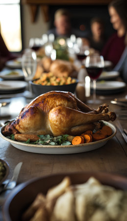 Thanksgiving dinner with roasted turkey on wooden table, selective focus.の素材