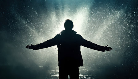 Silhouette of a man in raincoat with hands outstretchedの素材