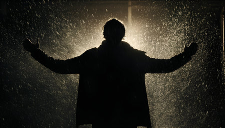 Silhouette of a man in raincoat standing under the rainの素材