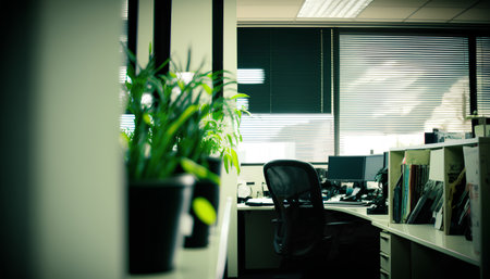 Modern office interior with computers and plants. Filtered image processed vintage effect.の素材