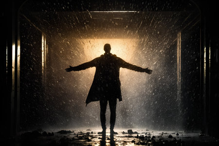 Silhouette of man in raincoat with arms outstretched in dark roomの素材