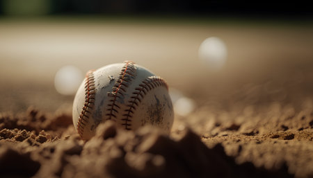 Baseball ball on the field ready to be hit by a baseball batの素材