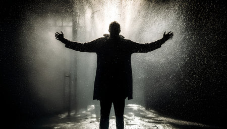 Silhouette of a man standing in the rain on a rainy dayの素材