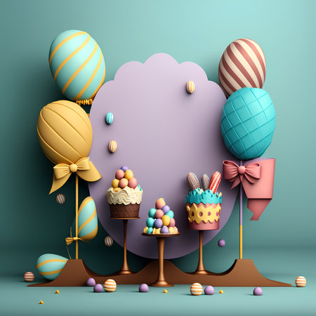 3d render of Easter background with cake, balloons and eggs.の素材