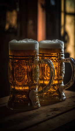 Two mugs of beer on a wooden table. Selective focus. Toned.の素材