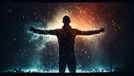 Silhouette of a man in the rain with hands raised upの素材