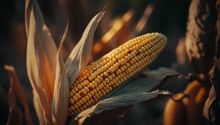 Ripe corn on the cob in the field. Close-up.の素材