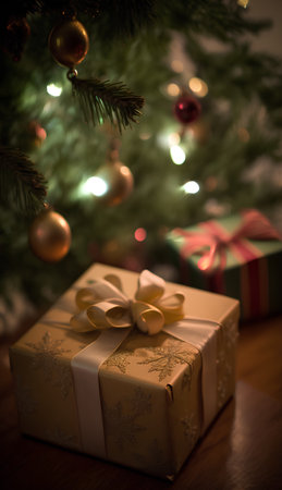 Christmas gift box under the christmas tree with bokeh backgroundの素材