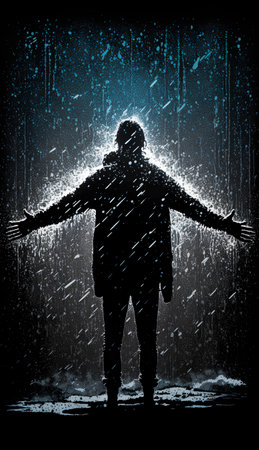 Man in raincoat and hoodie on dark background. Illustrationの素材
