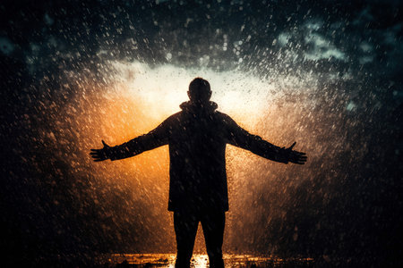 Silhouette of a man standing in the rain. Mixed mediaの素材
