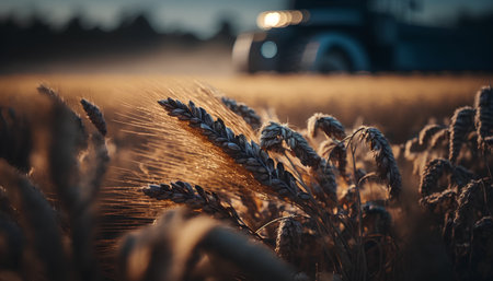 Wheat field with combine harvester at sunset. Tractor working in the background.の素材