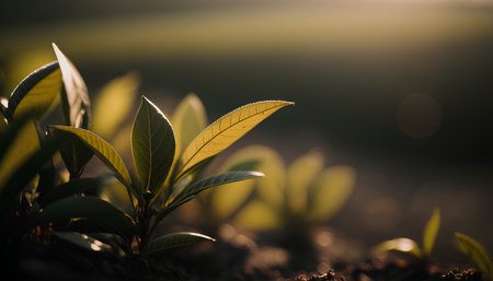 Green sprout growing out of soil in the morning light. Nature backgroundの素材