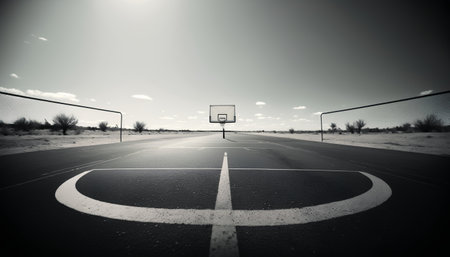Basketball court in the desert. Black and white photo with vignetteの素材